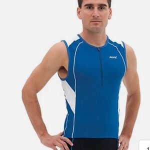 Zoot Endurance Tri Mesh 1/2 Zip Sleeveless Blue and White Top w/side pockets